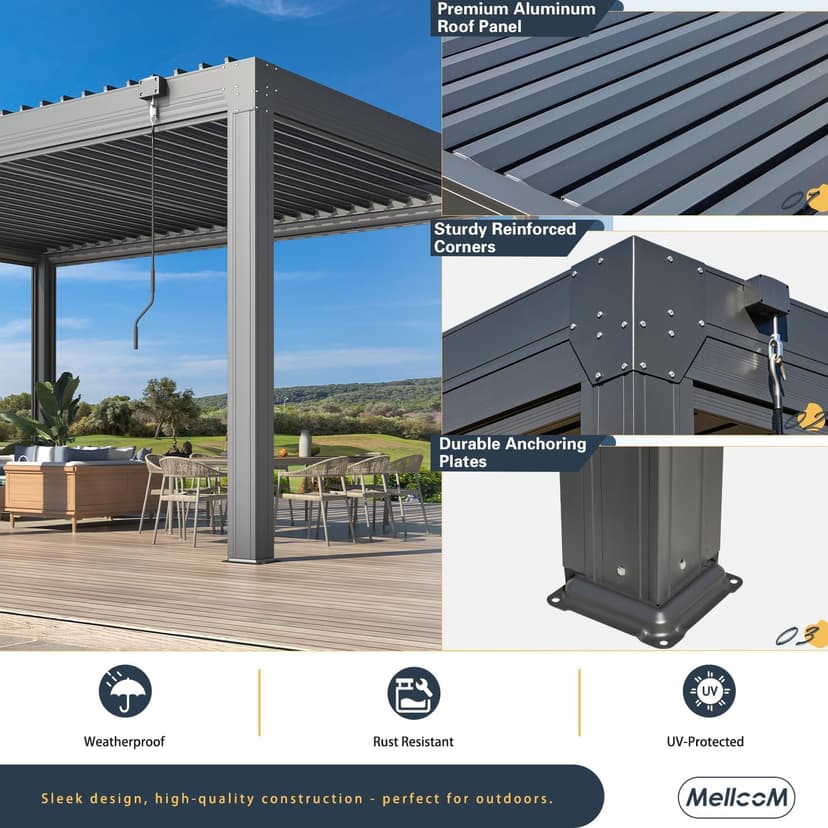 MELLCOM 10x20FT Louvered Pergola with 6 Pull-Down Screens, Aluminum Pergola with Adjustable Rainproof, Dark Gray