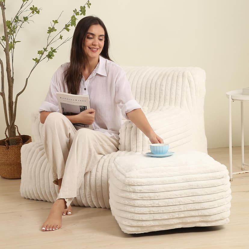 Comfy Gaint Bean Bag Chair with Ottoman, Fluffy Huge Bean Bag Armchair for Adults and Teens, Cream