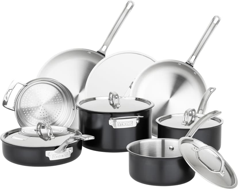 Viking 3-Ply Pots and Pans Set, 12 Piece Stainless Steel Kitchen Cookware Set with Lids, Dishwasher Safe, Induction Ready, Cast Black