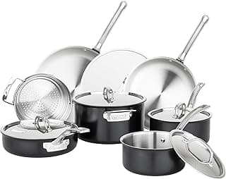 Viking 3-Ply Pots and Pans Set, 12 Piece Stainless Steel Kitchen Cookware Set with Lids, Dishwasher Safe, Induction Ready, Cast Black