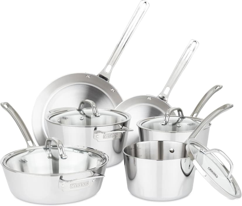 Viking Contemporary 3-Ply Stainless Steel 10 Piece Stainless Steel Kitchen Cookware, Silver
