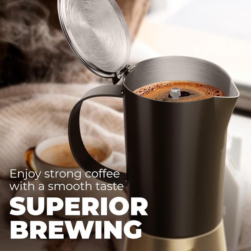 Moka Pot Espresso maker, Stovetop Stainless Steel Manual Espresso Italian Cuban Coffee Maker, 6 cups (350 ml), Elegant Coffee Maker Percolator Cafetera, Black/Gold