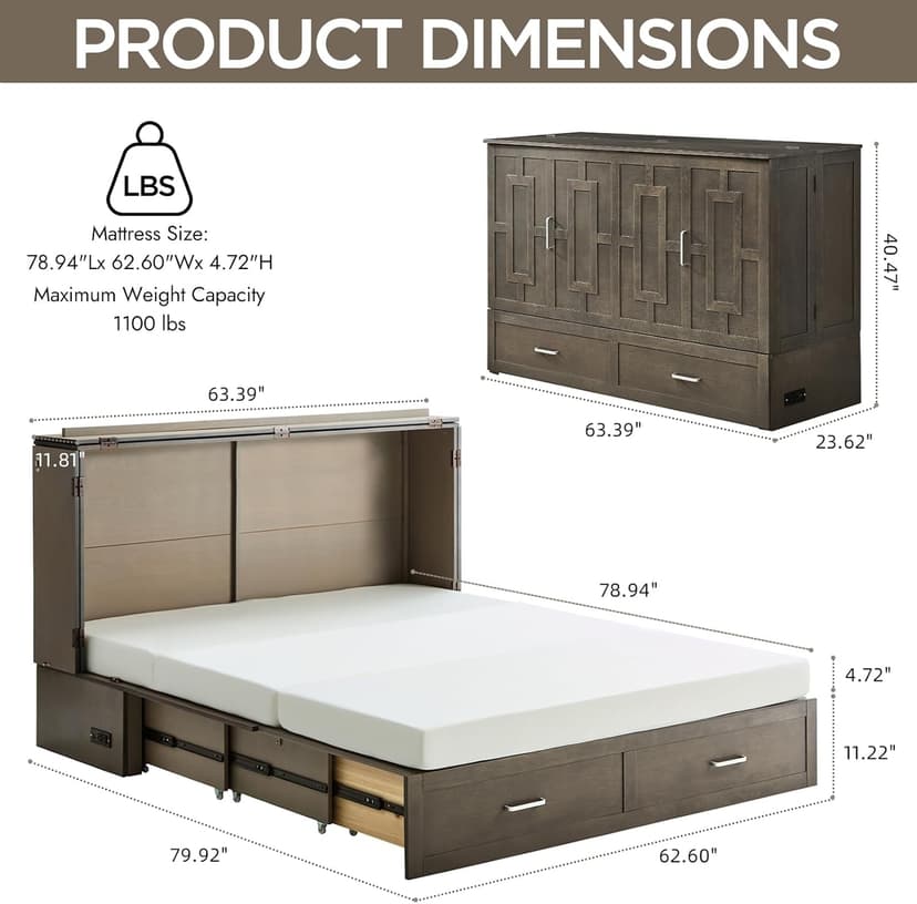 Murphy Bed Cabinet with Mattress, Queen Size Wall Beds with Large Storage Drawer and Charging Station, Hideaway Murphy Bed Chest for Home Office or Small Room (Gray)