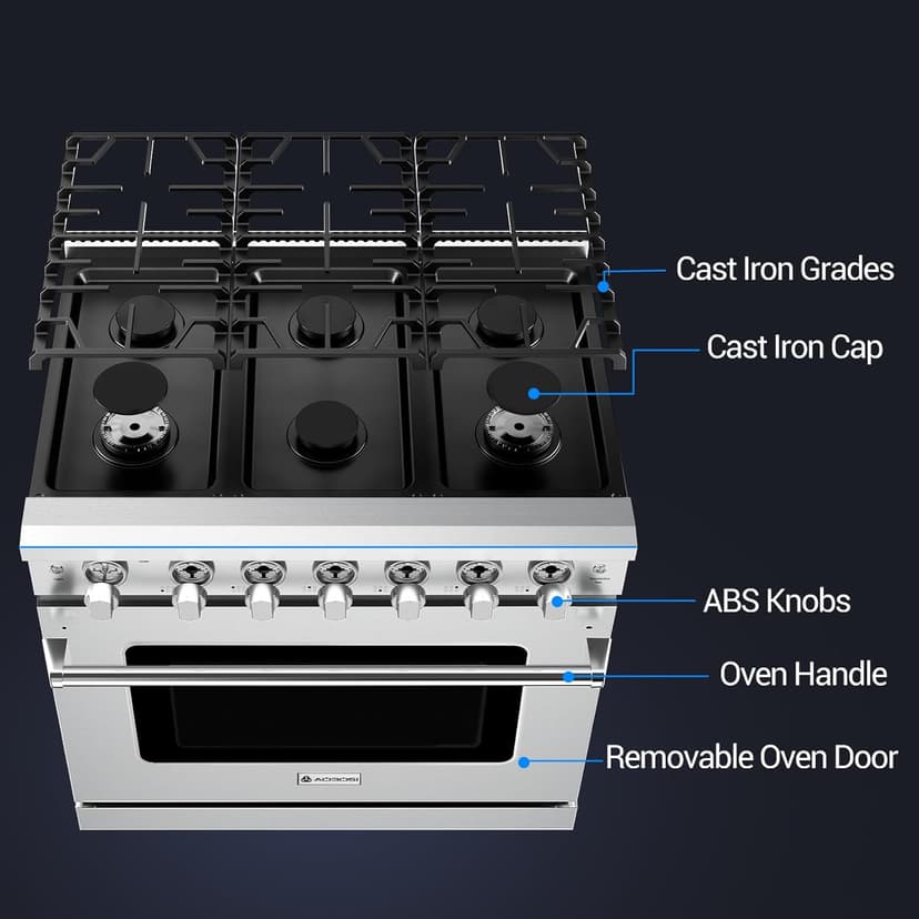 AAOBOSI 36 Inch Front Control Gas Range Oven with 6 Cooktop Burners, 6 Cu. Ft True Convection and Self Clean, Freestanding Stainless Steel Heavy Duty Gas Range Stove with Halogen Light,Large Capacity