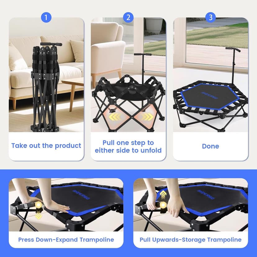 Foldable Mini Trampoline, Rebounder Trampoline with Adjustable Foam Handle, Fitness Trampoline for Indoor, Outdoor, Home Gym, Max Load 460lbs