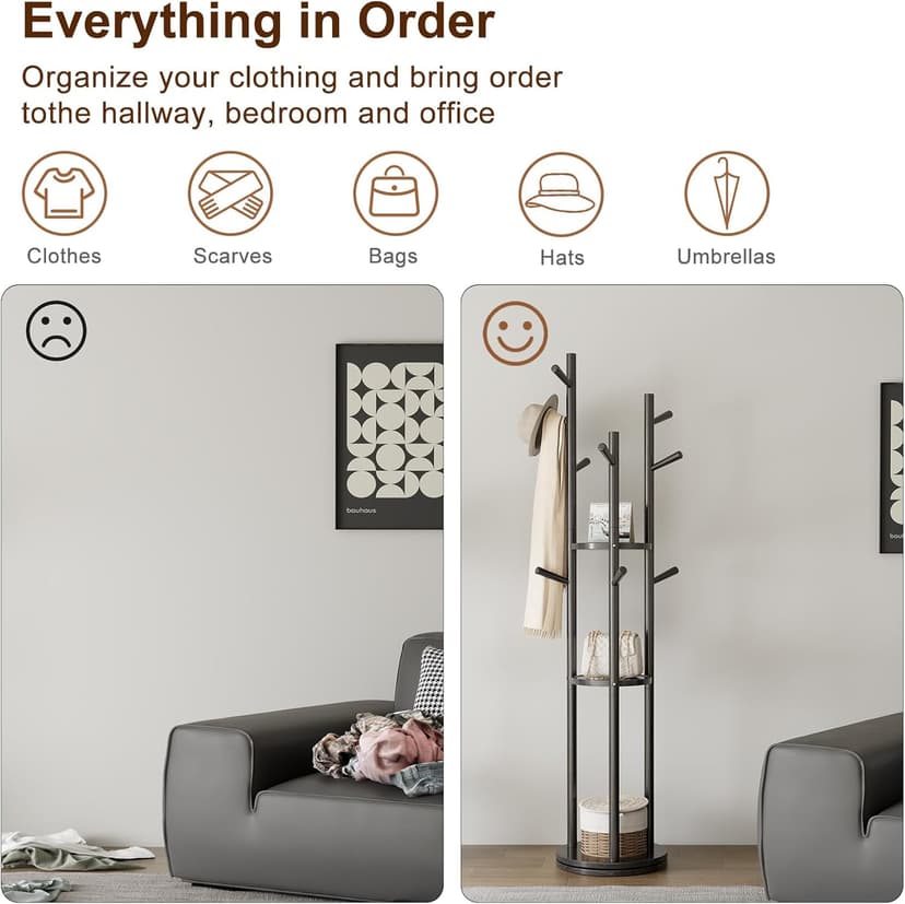 KungFuWood Coat Rack, Solid Wood Rotary Coat Rack Stand, Freestanding Coat Rack with 3 Shelves and 9 Hooks, Sturdy and Easy to Assemble Coat Tree for Entryway, Bedroom, Coats, Bags (Black)