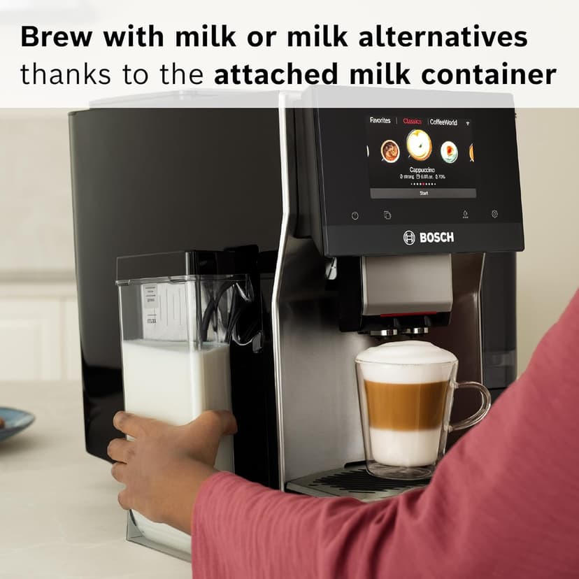 Bosch 800 Series Fully Automatic Espresso Machine – 36 Drinks with Coffee World, Cold Brew, Double Cup, Integrated Milk Container, Smart Features, in Stainless Steel