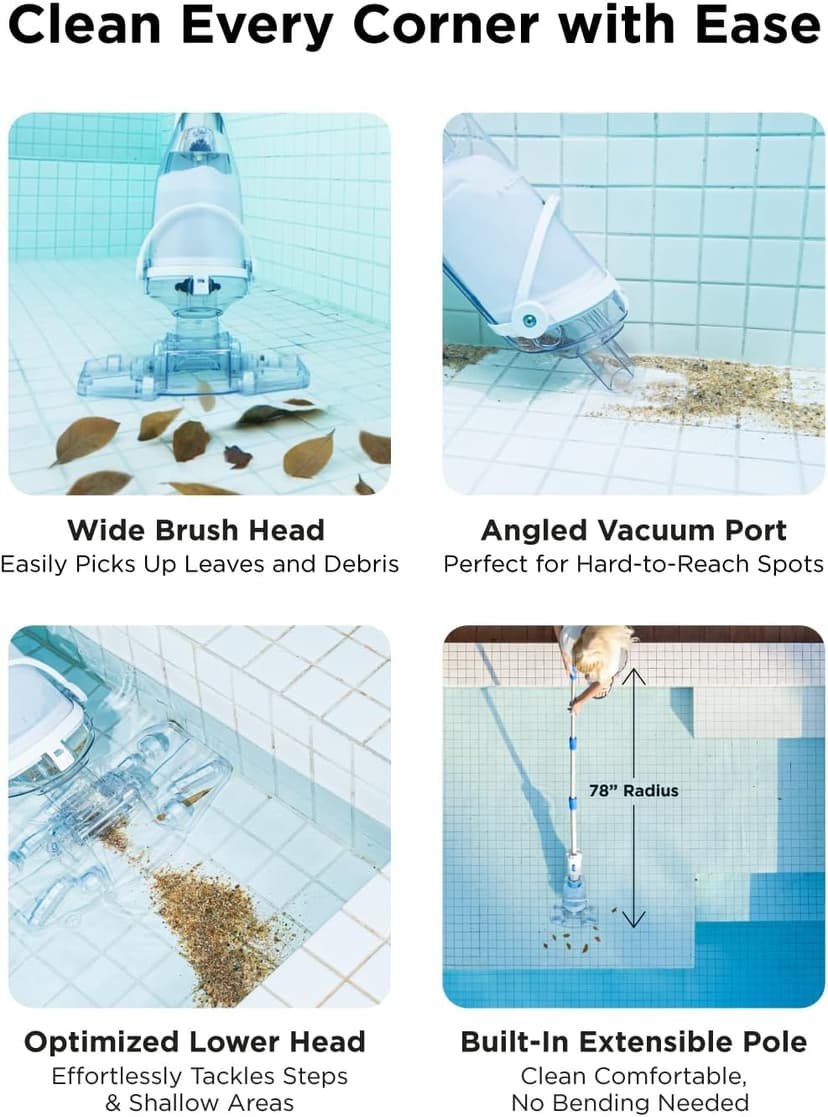 InoKraft Cordless Pool Vacuum Cleaner, Rechargeable, Handheld Pool Vacuum for Above Ground and Inground Pools, Transparent Head, 59” Extendable Pole, for Leaves, Debris, Shallow Steps, Blue