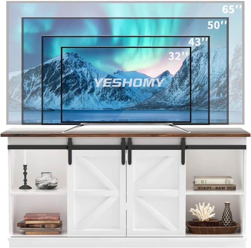 YESHOMY Farmhouse TV Stand and Entertainment Center for Televisions up to 65 Inchs, with Sliding Barn Doors and Storage Cabinets, Console Table and Media Furniture for Living Room, 58 Inch, Milk White