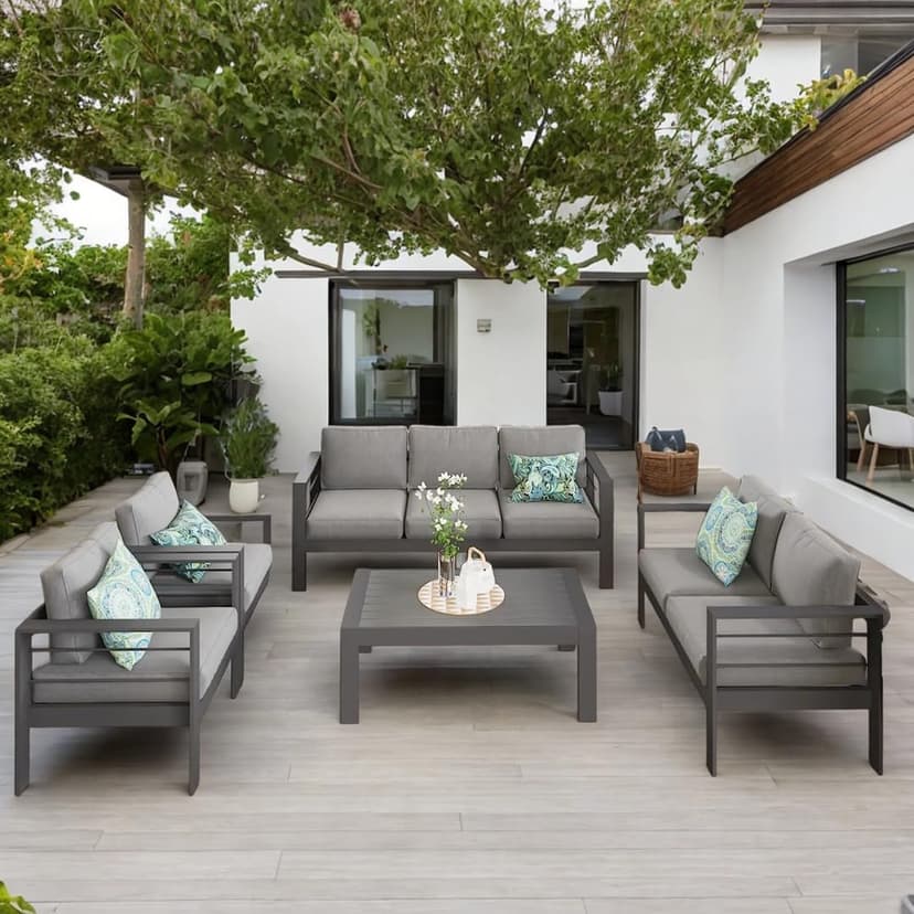 Solaste Aluminum Patio Furniture Set,7 Seats Modern Outdoor Conversation Set Sectional Sofa with Upgrade Cushion and Coffee Table,Grey