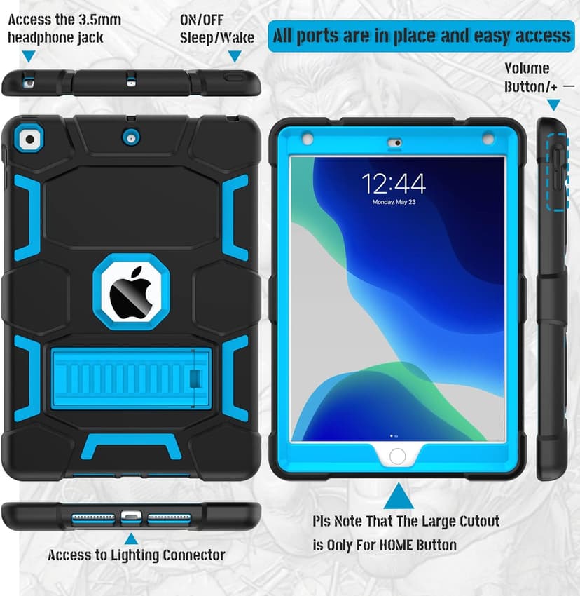 CCMAO iPad 9th Generation Case, iPad 8th/7th Generation Case, iPad 10.2 2021/2020/2019 Case with Kickstand, Heavy Duty Shockproof Hybrid Three Layer Protective Cover for Kids Boy Girl, Black+Sky Blue