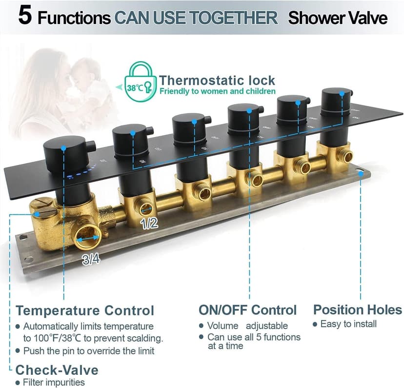 HOMEDEC Luxury Full Body Shower Jets System, 15x28inch Rain Shower Faucet Set Combo with 4pcs Adjustable Large Body Jet with Handheld Spray (Matte Black, 3 Functions Shower Head)