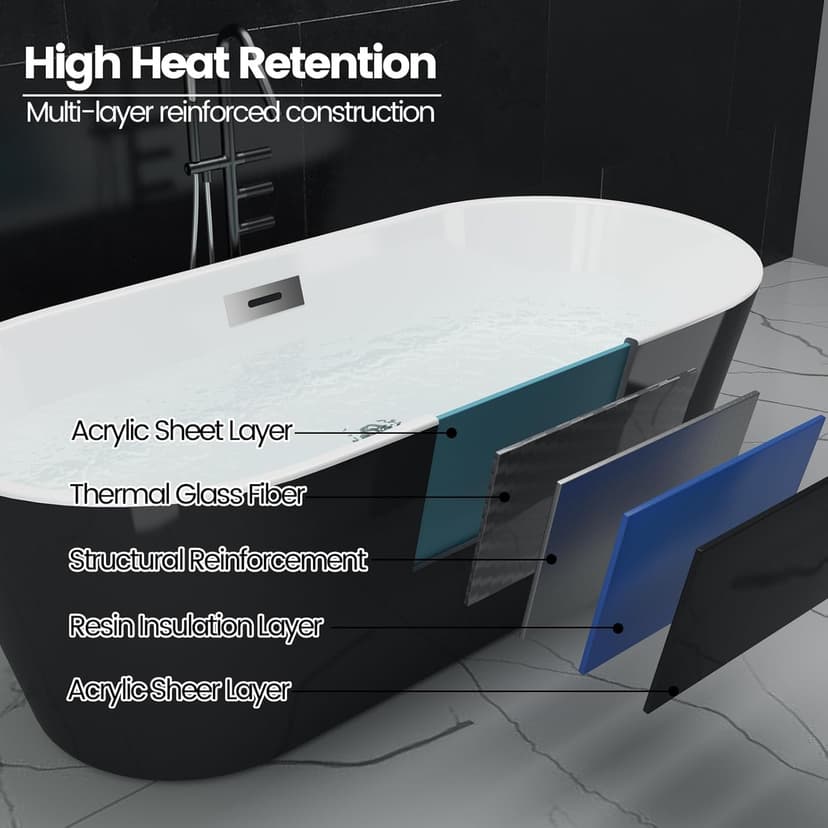 59" Acrylic Freestanding Bathtub, Free Standing Soaking Tub, Freestanding Tub with Overflow and Matte Silver Drain, Modern Bathtub for Bathroom, Hotel, Easy to Install, CUPC Certified, Black, Sky