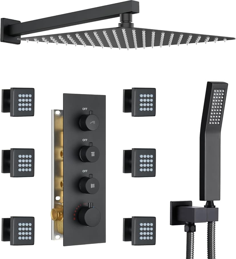 16” Thermostatic Rain Shower System with 6 Body Jets & 16-Inch Rainfall Shower Head, JetsBath Full Body Shower Faucet Sets with Valve & Handheld, Matte Black Luxury Wall Mount Shower Faucet Set
