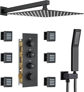 16” Thermostatic Rain Shower System with 6 Body Jets & 16-Inch Rainfall Shower Head, JetsBath Full Body Shower Faucet Sets with Valve & Handheld, Matte Black Luxury Wall Mount Shower Faucet Set
