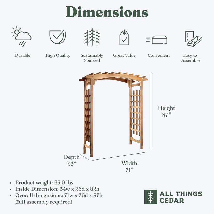 All Things Cedar PA96 Garden Arbor | 6-Ft Handcrafted Wooden Trellis for Climbing Plants Outdoor | Cedar Wedding Arches for Ceremony | Easy Assembly, Weather Resistant (71x35x87)