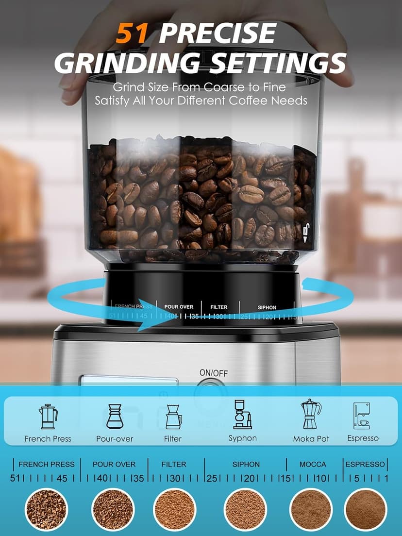 Homtone Conical Burr Coffee Grinder, Anti-Static Electric Espresso Grinder with 51 Precise Settings, Adjustable for 2-12 Cups, 120V Clog-Free, Digital Display Stainless Steel