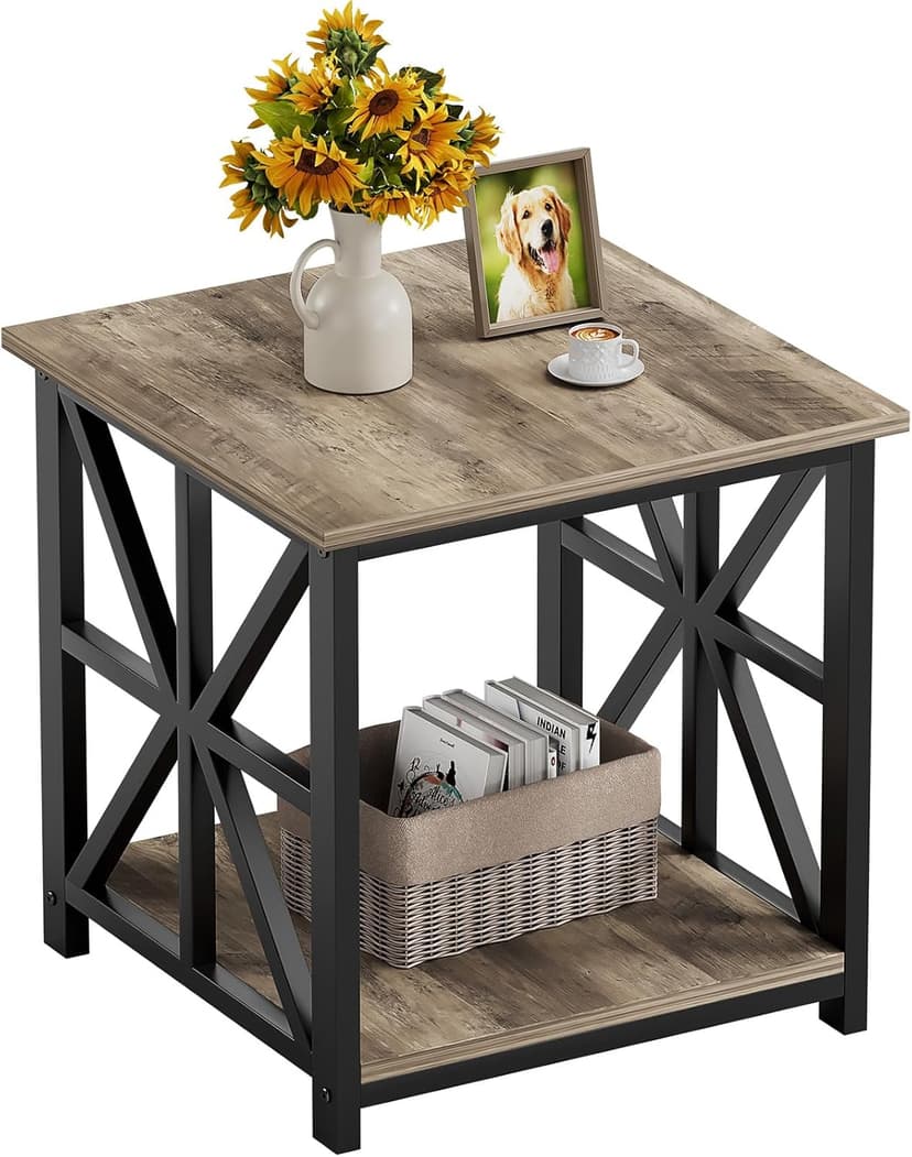 GreenForest End Table with 2-Tier Storage Shelf, 24 inch Large Side Table for Living Room,Modern Nightstand for Bedroom Bedside Office Farmhouse, Grey Wash