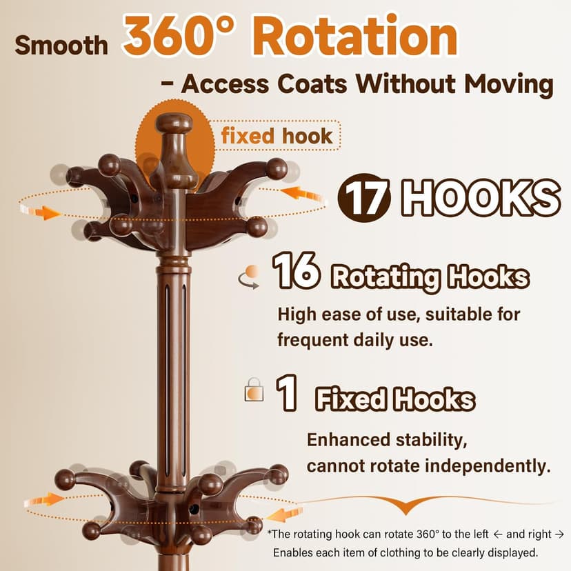Solid Wood Rotary Coat Rack Freestanding, Heavy Duty Coat Hanger Stand with 2 layer Multi-direction Hooks, 360° Rotating Standing Coat Rack Tree for Entryway, Bedroom, Office, H: 77.6in (Walnut)