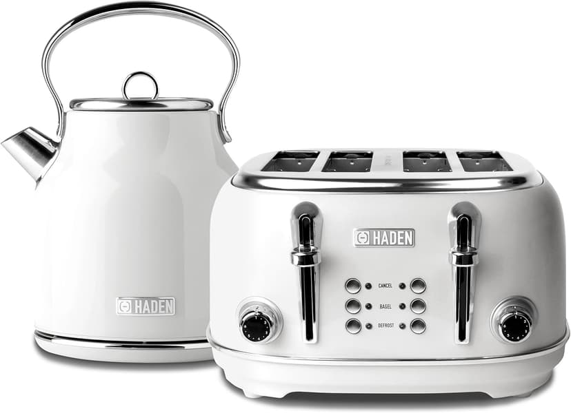 HADEN Heritage Stainless Steel Body Retro Electric Tea Kettle, White and Haden Heritage 4 Slice Wide Slot Stainless Steel Retro Toaster, White