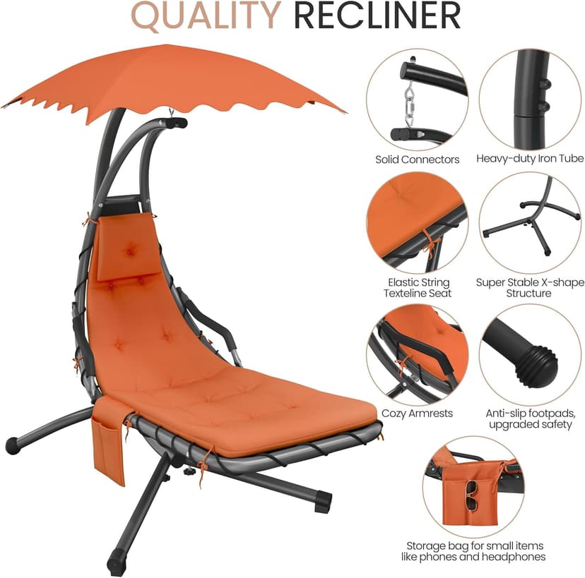 Yaheetech Outdoor Hanging Chaise Lounge Chair Hammock Chair w/Built-in Pillow and Removable Canopy for Patio Backyard Deck Garden - Orange