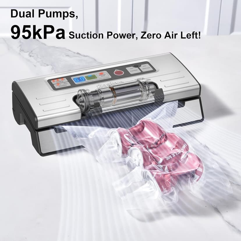 Vacuum Sealer Machine, 95kPa Food Sealer with Double Heat Seal for Dry/Moist Food, Easy-lock Handle, Built-in Bag Storage & Cutter, Progress Display, Removable Drip Tray, Silver