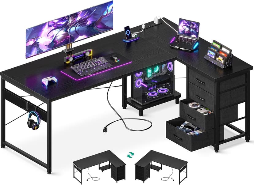 AODK L Shaped Gaming Desk with 4 Drawers, 61" Reversible Home Office Desks with Power Outlets, L Shaped Computer Desk with USB Charging Port and Host Stand, Corner Desk, Easy to Assemble, Black