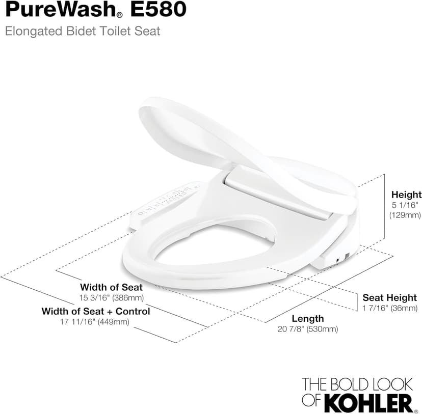 Kohler PureWash E580 Elongated Bidet Toilet Seat, White, Quiet-Close Lid Prevents Slamming, Self-Cleaning Wand, Adjustable Water Pressure with Multiple Cleansing Options