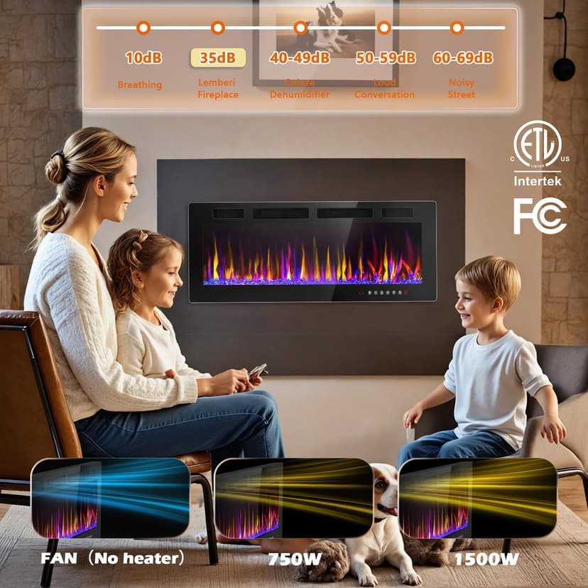 LEMBERI 72 inch Electric Fireplace Recessed and Wall Mounted,750/1500W Fireplace Heater and Linear Fireplace with Touch Screen Control Panel, Timer,Remote Control,Adjustable Flame Color and Speed