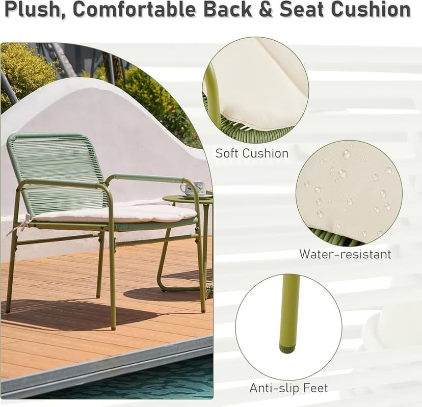 3-Piece Outdoor Wicker Patio Bistro Set, All-Weather Rattan Conversation Set with Round Side Table, Patio Furniture Set with Cushions for Deck, Balcony, Poolside, Porch and Yard, Green