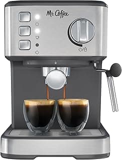 Mr. Coffee Compact Espresso Maker, Espresso Machine With Steam Wand, 15-Bar Pump Automatic Espresso Machine