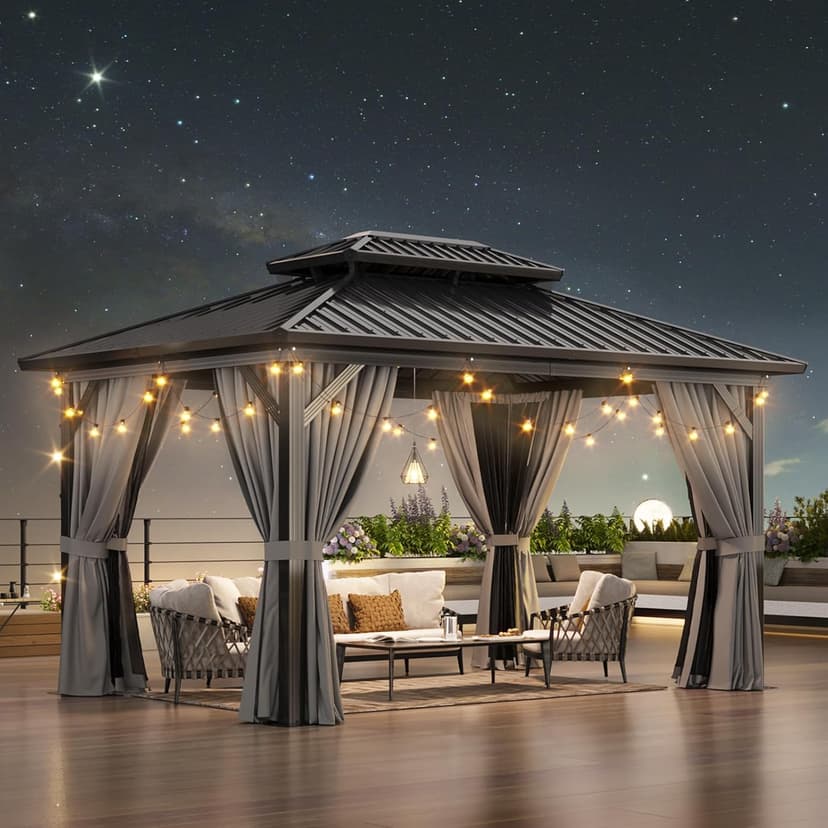 Aoxun 10' X 14' Hardtop Gazebo, Aluminum Metal Outdoor Gazebo with Galvanized Steel Double Roof, Permanent Patio Pavilion with Breathable Netting and Curtains for Dining, Wedding, Party