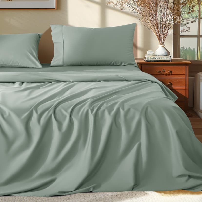 Shilucheng 100% Egyptian Cotton Queen Size Sheets Set - 1000 Thread Count，Luxury Cotton Bed Sheets，Breathable & Cooling Bedding and Pillow Cases, 16 Inch Deep Pocket - 4 Piece (Sea Glass, Queen)