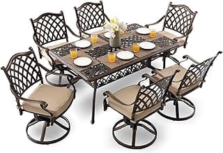7-Piece Cast Aluminum Outdoor Table and Chairs, Antique Bronze Patio Dining Set for 6 Include 60" Rectangular Outdoor Dining Table and 6 Swivel Chairs with Removable Cushion and Umbrella Hole