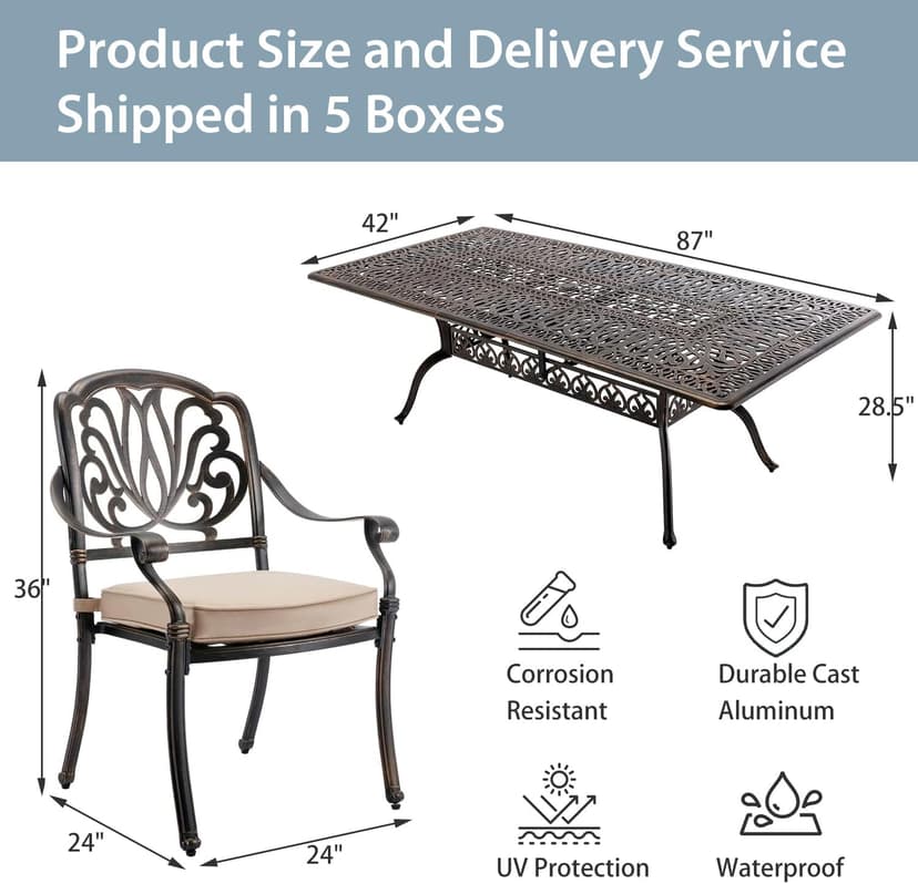 9-Piece Cast Aluminum Patio Furniture, Outdoor Dining Sets for 8 Include 87" Rectangular Patio Dining Table and 8 Stackable Chairs with Cushions & Umbrella Hole (Bronze)