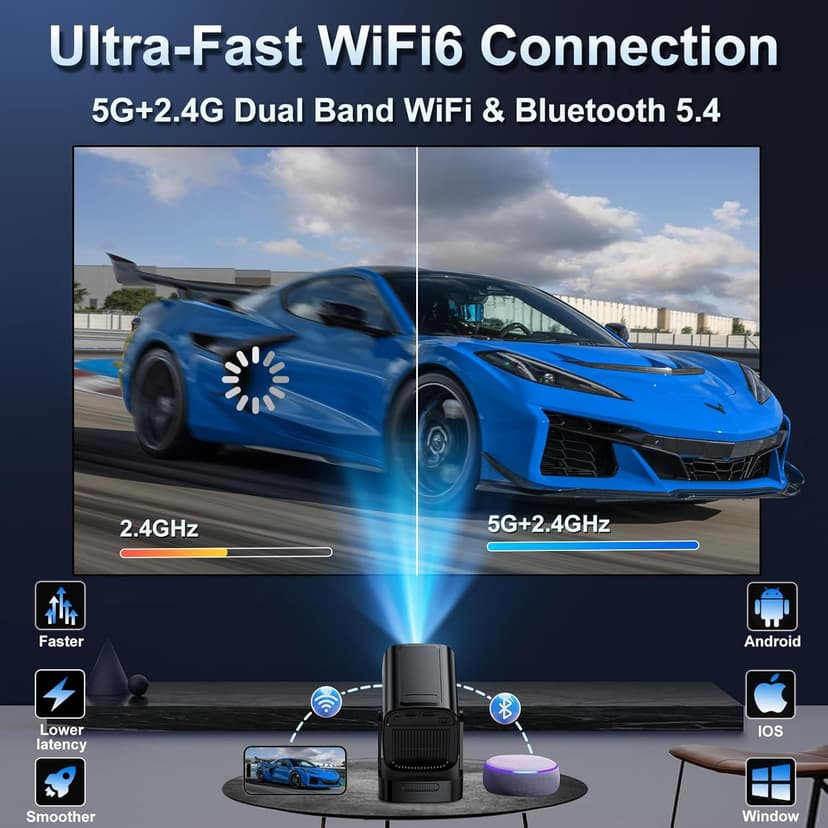 Mini Projector 1080P with WiFi 6 and Bluetooth 5.4, 4K Full HD Projector Features Auto Focus & Keystone, Portable Projector Built-in App Support 270° Rotatable, Compatible with Phone/HDMI/USB - Black