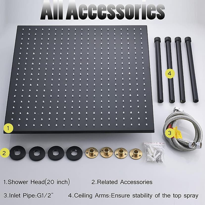 Shower Kits, Thermostatic Shower System LED 20"" Square Rainfall Shower Head System with Handheld Combo Set, Embedded Installation Black Shower Faucet Set Complete, (2 S?tt A)