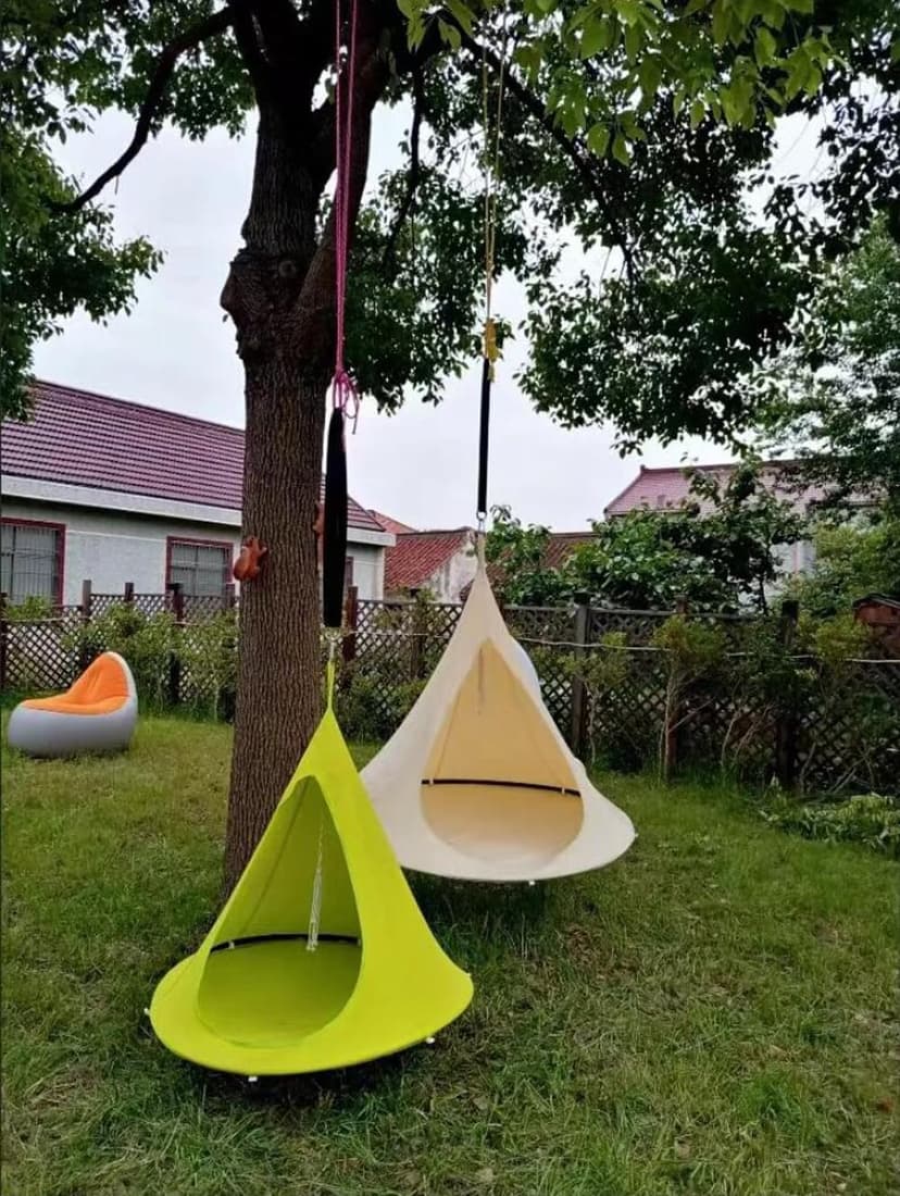 Hanging Teepee Pod Swing Chair with Stand White Canvas Swing Hammock 100cm Diameter Indoor Outdoor Use Waterproof Level 3 Steel Frame 220 lb Capacity Saucer Style