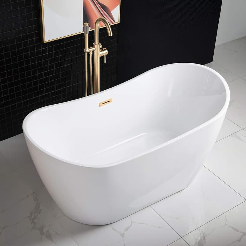 WOODBRIDGE 59" Acrylic Freestanding Bathtub Contemporary Soaking White Tub with Brushed Gold Overflow and Drain，BTA1516-BG-Drain-&O