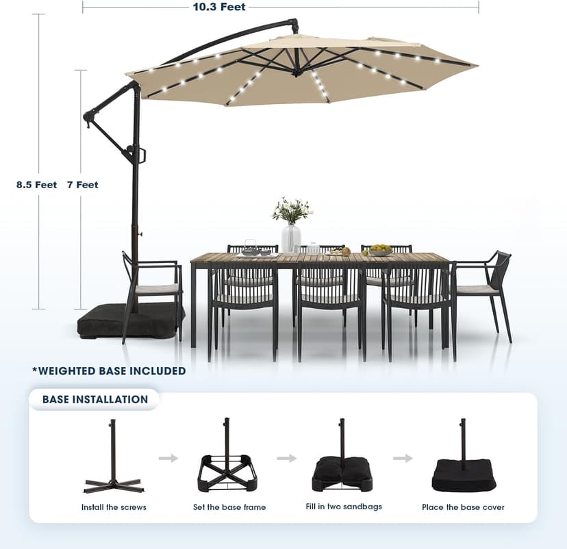 wikiwiki 10FT Solar Patio Offset Umbrella with Base Included, Outdoor Cantilever Umbrella Hanging Umbrellas with Weighted Sandbag Base, Market Patio Umbrella for Backyard, Garden & Deck, Beige