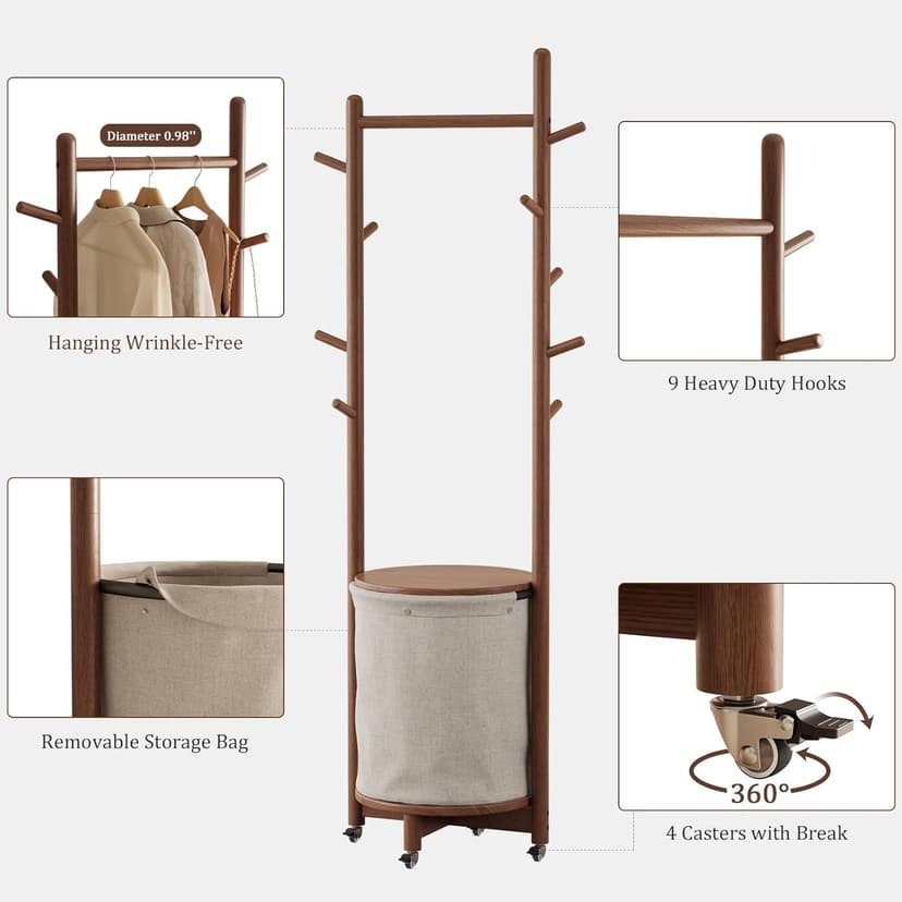Solid Wood Coat Rack with Fabric Basket - Coat Hanger Stand Coat Tree Rack Freestanding with 9 Hooks Wheels, Small Clothes Rack For Entryway Bedroom Hallway Living Room