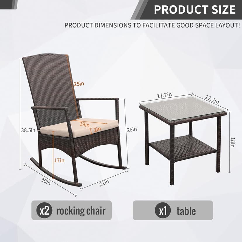 Outdoor Rocking Chair 3 Pieces High-Backed Rocking Chair Patio Rocking Chairs Outdoor Table, Khaki