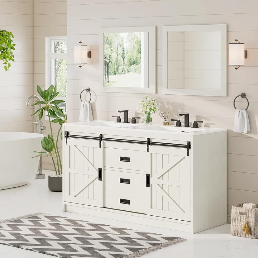 AMERLIFE 61" Farmhouse Double Bathroom Vanity with Sink Combo, Dual Basin Bathroom Storage Cabinet with Sliding Barn Doors & Drawers, Large Double Bath Vanity Sink Set, Rustic White