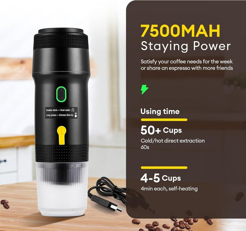 𝟯 𝗶𝗻 𝟭 Portable Coffee Maker for Travel, 20 Bar Portable Espresso Machine with USB,Travel Coffee Maker Self-Heating, Compatible with Ground Coffee & Capsule for Hiking,Office,RV（Upgrade）
