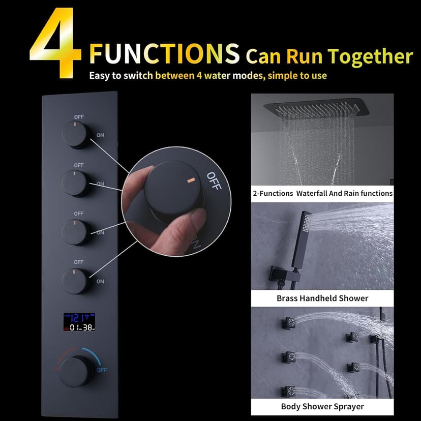 AYIVG Matte Black Thermostatic Rainfall Full Body Shower System With 2 In 1 Waterfall Rainfall Ceiling Mount 16 X 24 Inch Rain Shower Head 6 Jets Temperature Display Shower Faucet Set