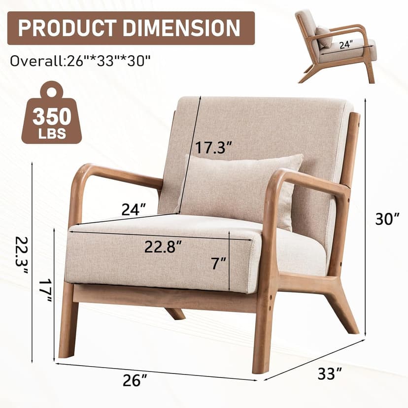 ANJHOME Mid Century Modern Accent Chairs Set of 2, Single Fabric Lounge Reading Armchair with Solid Wood Frame, Easy Assembly Arm Chairs for Living Room Beige 2
