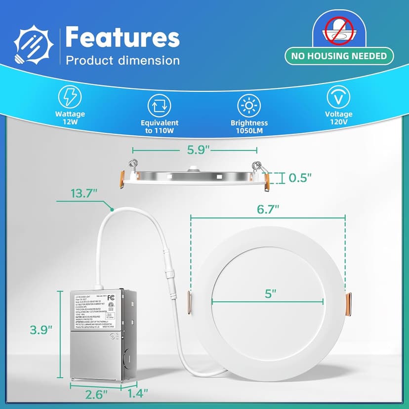 FREELICHT 24 Pack 6 Inch 5CCT Ultra-Thin LED Recessed Ceiling Light with Junction Box, 2700K/3000K/3500K/4000K/5000K Selectable, 1050LM Brightness, Dimmable Canless Wafer Downlight, 12WEqv110W-ETL&FCC