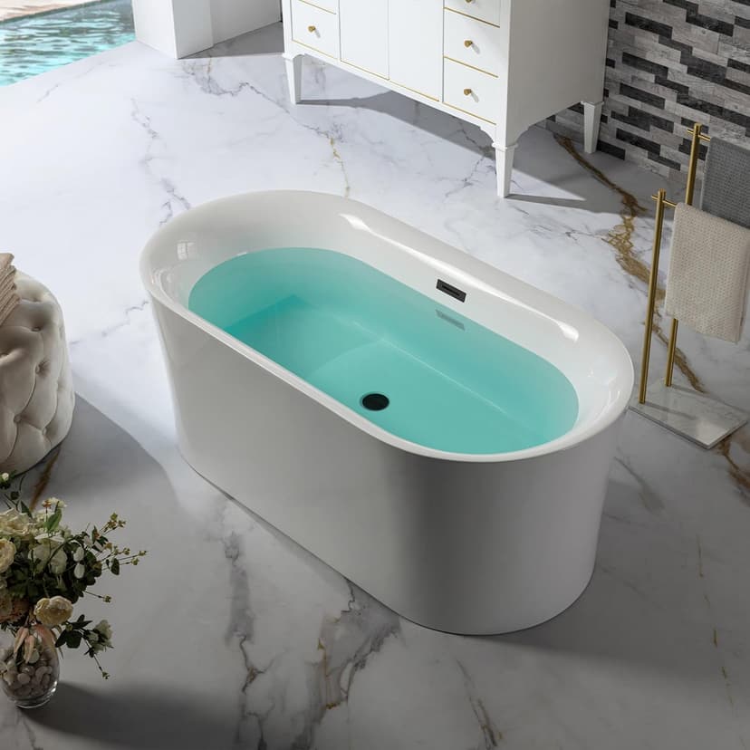 WOODBRIDGE 59" Acrylic Freestanding Bathtub Contemporary Soaking Tub with Matte Black Overflow and Drain,White Tub,B0058-MB