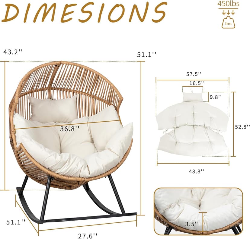 Shintenchi Wicker Egg Chair,Oversized Outdoor Indoor Rocking Chair,Large PE Rattan Rocking Chair with Cushion for Patio, Balcony, Backyard, Garden, Beige