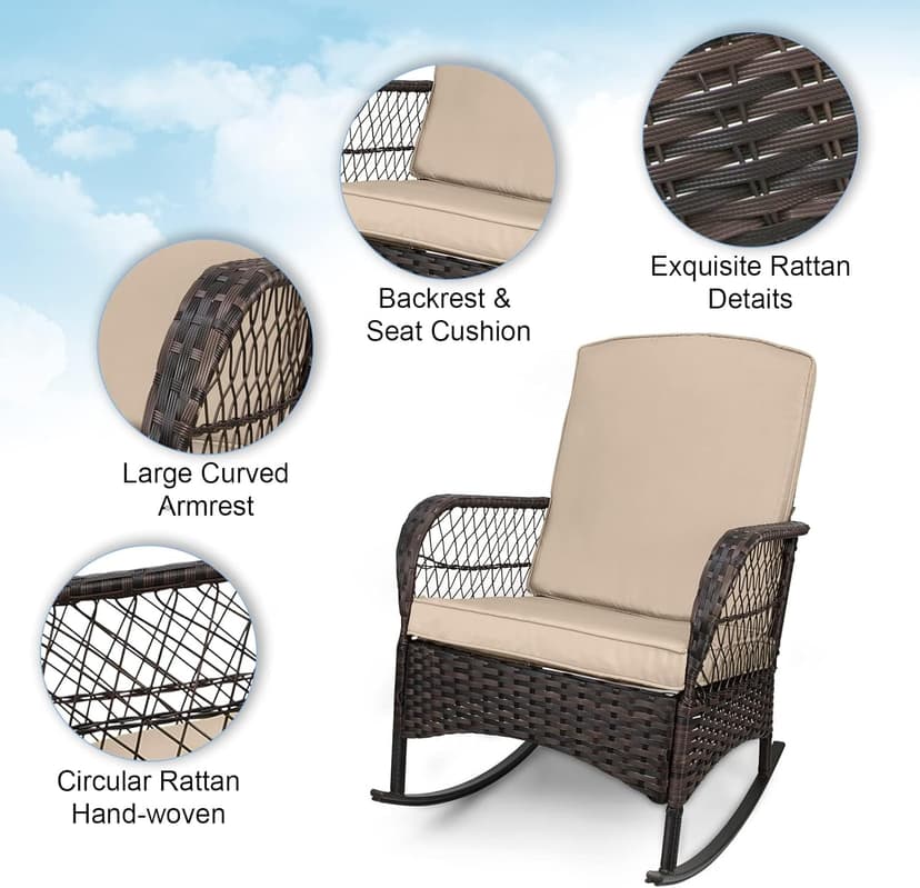 LEVELEVE 3 pcs Rocking Bistro Set Conversation Chairs PE Wicker Outdoor Rocking Chairs & Glass Table,for Porch Lawn Garden Backyard Deck(Rocking Set,Khaki)